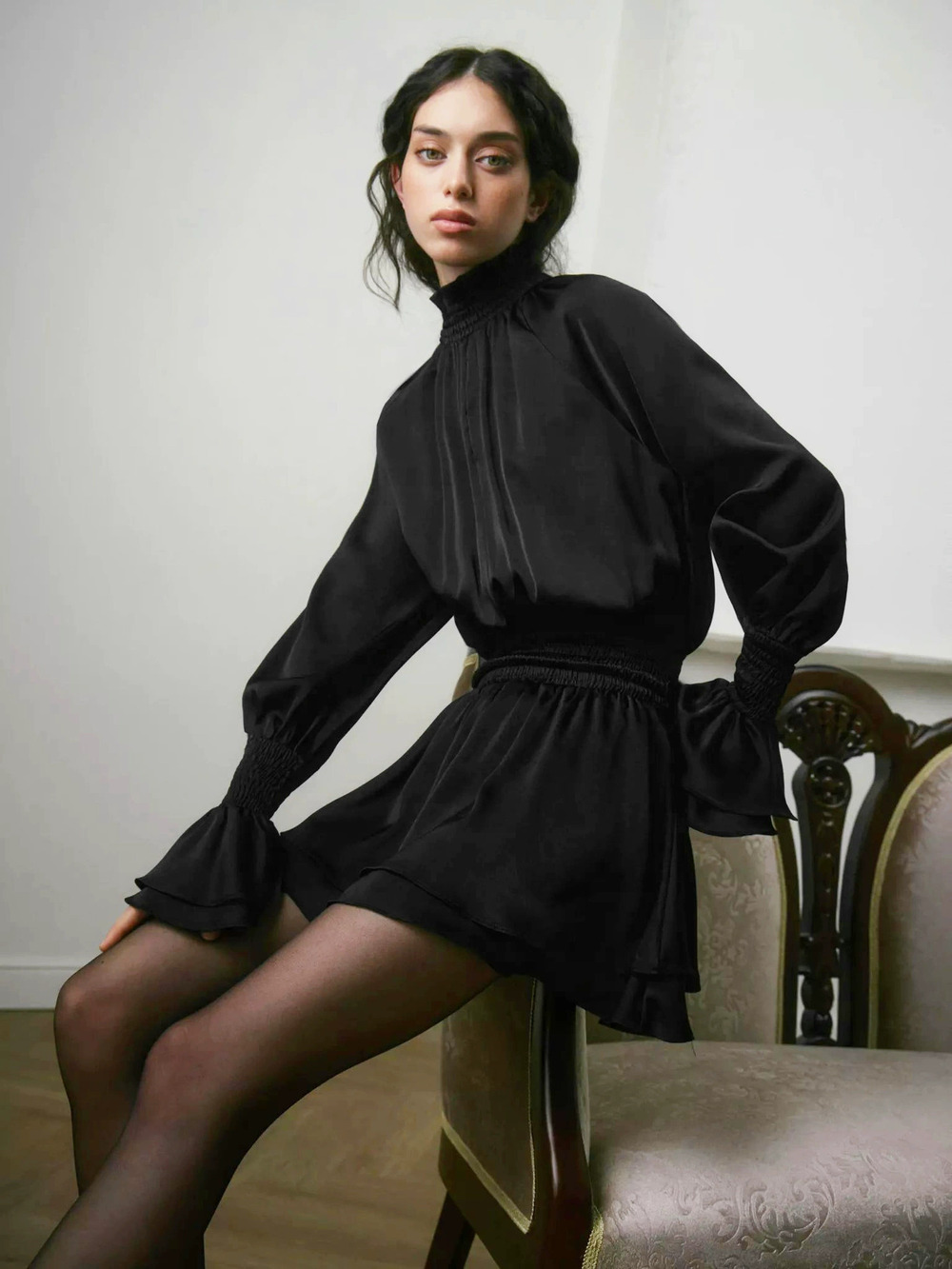 Forever 21 Draped Black Satin Mini Dress Waist Tie Long Sleeve Autumn